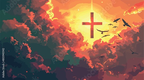 Glowing cross and drawn birds in cloudy sky style