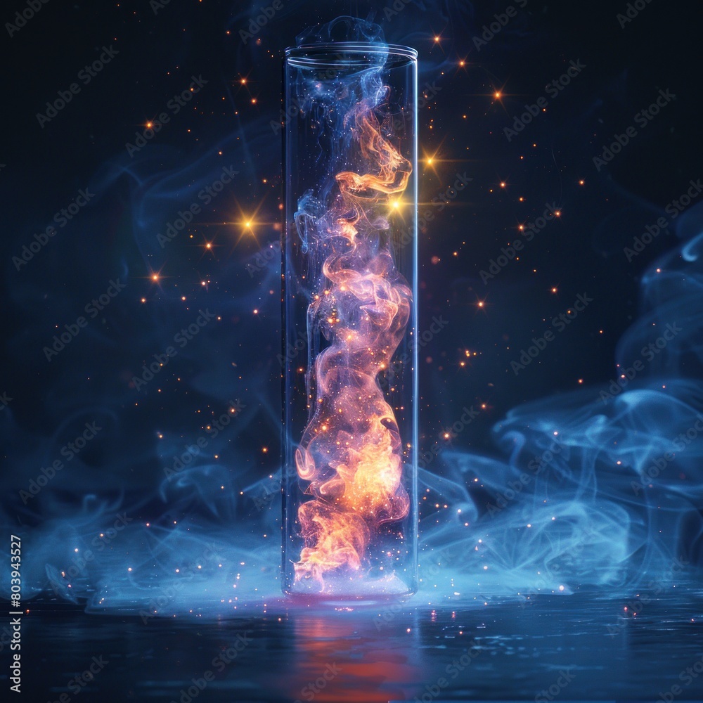 Experiments and innovations test tubes emit sparks of light and magic smoke, glow sparkling and emit fire, test tubes for medicine, medicine and research Experiments and innovations test tubes emit sparks of light and magic smoke, glow sparkling and emit fire, test tubes for medicine, medicine and research