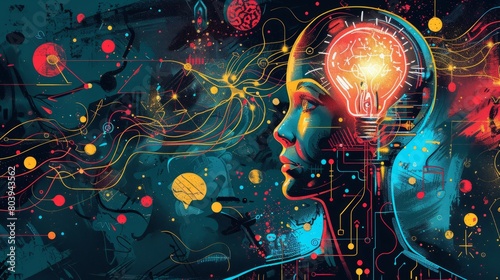 A woman s head with a light bulb inside her head  representing intelligence and creativity. The background is colorful and abstract  representing the complexity of the human mind.