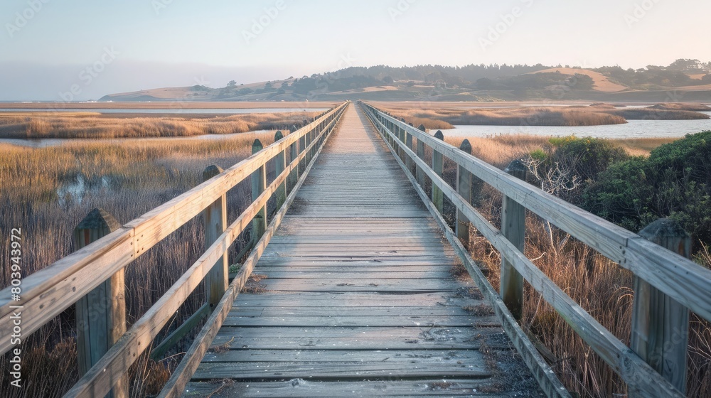 Fototapeta premium Wooden bridge spanning a peaceful marshland, providing a scenic route for birdwatchers and nature enthusiasts.