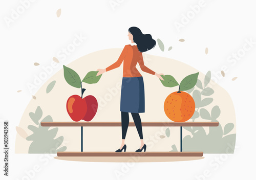 Young businesswoman comparing orange and apple on seesaw scale, dilemma choosing best options, minimalist vector illustration