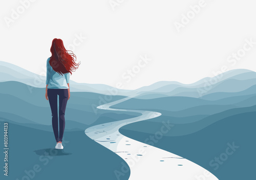 Confused Businesswoman Pondering Career Paths, Choosing Way to Success or Tough Decisions - Minimalistic Vector Illustration