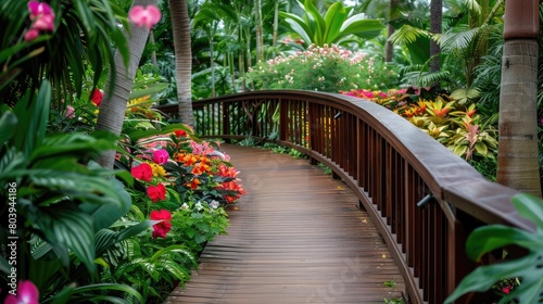 Wooden bridge winding through a lush botanical garden, surrounded by colorful flowers and verdant foliage. © buraratn