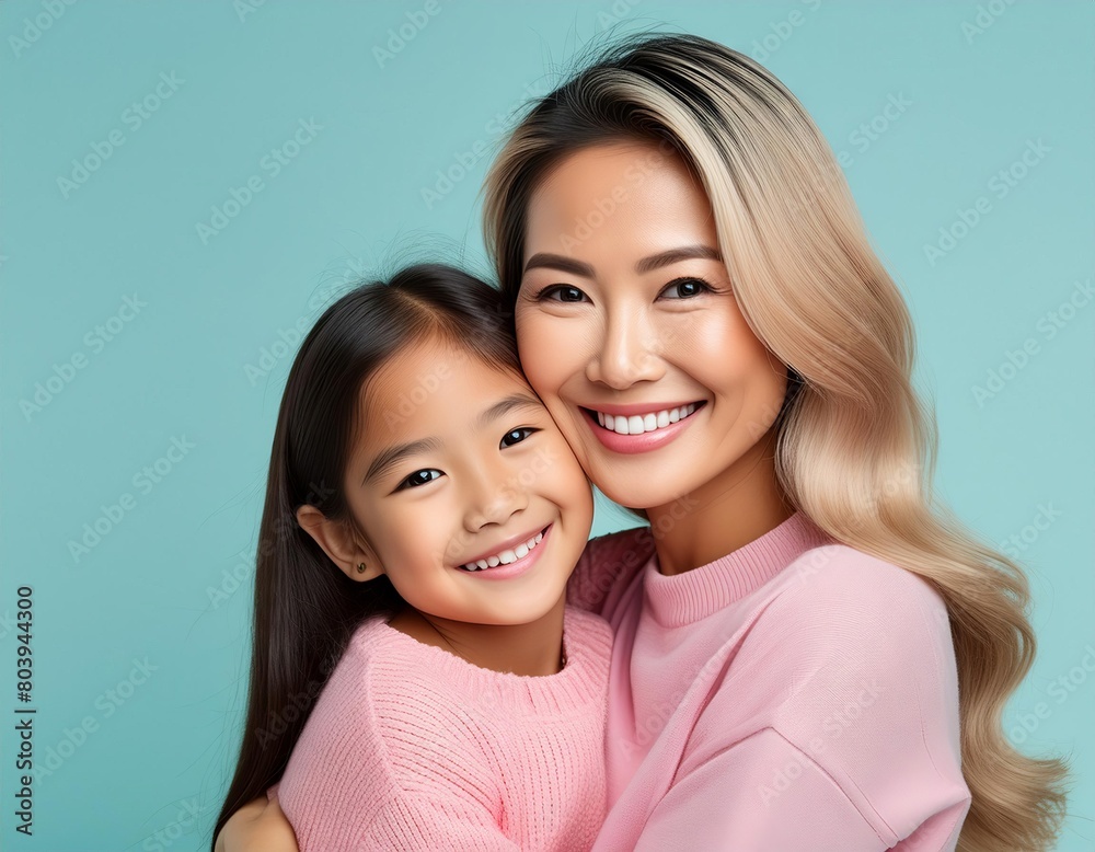 Blonde mother and daughter smile at the camera while hugging isolated on blue background Blonde mother and daughter smile at the camera while hugging isolated on blue background