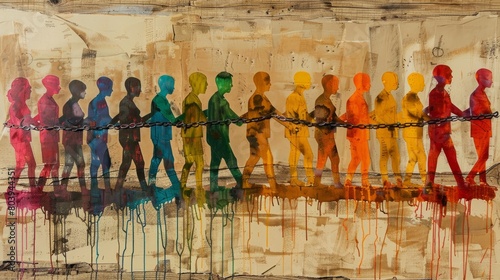 Colorful painting of people walking in a line, each person a different color, connected by a chain.