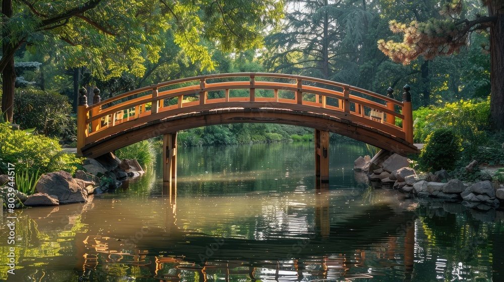Wooden pedestrian bridge over a serene pond in a Japanese garden, embodying tranquility and Zen aesthetics. Wooden pedestrian bridge over a serene pond in a Japanese garden, embodying tranquility and Zen aesthetics.