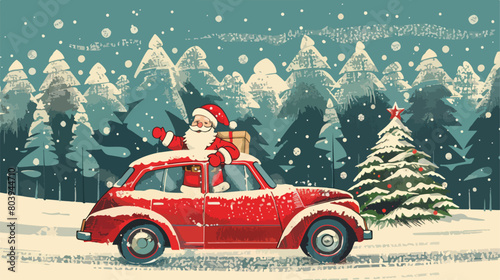 Greeting card with Santa Claus driving car with Chris