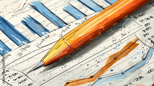 A wooden pencil resting on a piece of paper with financial graphs and charts in the background.