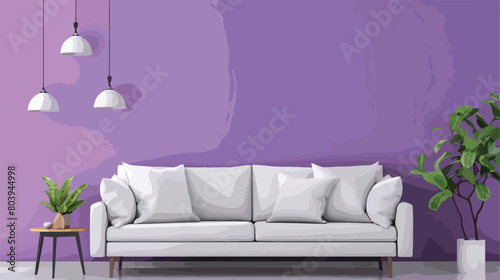 Grey sofa with white pillows near lilac wall 