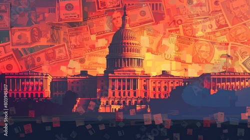 The image shows the U.S. Capitol building with money raining down on it.