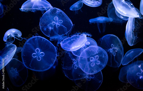 Blue jellyfish swim in the sea on a black background