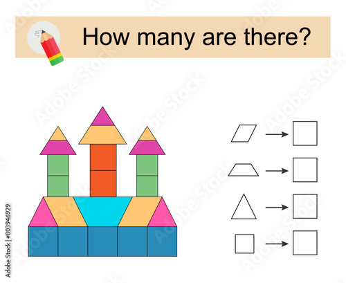 Math activity for kids. How many geometric shapes? Cartoon castle.