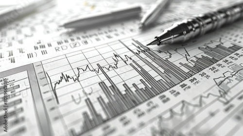 Black and white image of a desk with a pen and paper with graphs and charts on it.