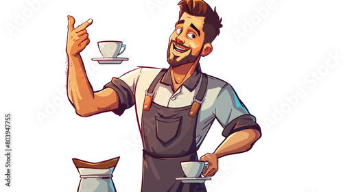 Handsome barista with cups of coffee pointing at some