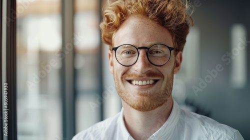 Portrait Of A Young Man With Red Hair Smiling, Wears Glasses To See. Concept Of Optical Or Dental Clinic. Generative AI
