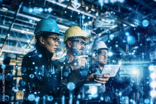 Futuristic technology concept: Team of engineers and professional Workers in heavy industry manufacturing factory that is digitalized with graphics into digital twin of industry