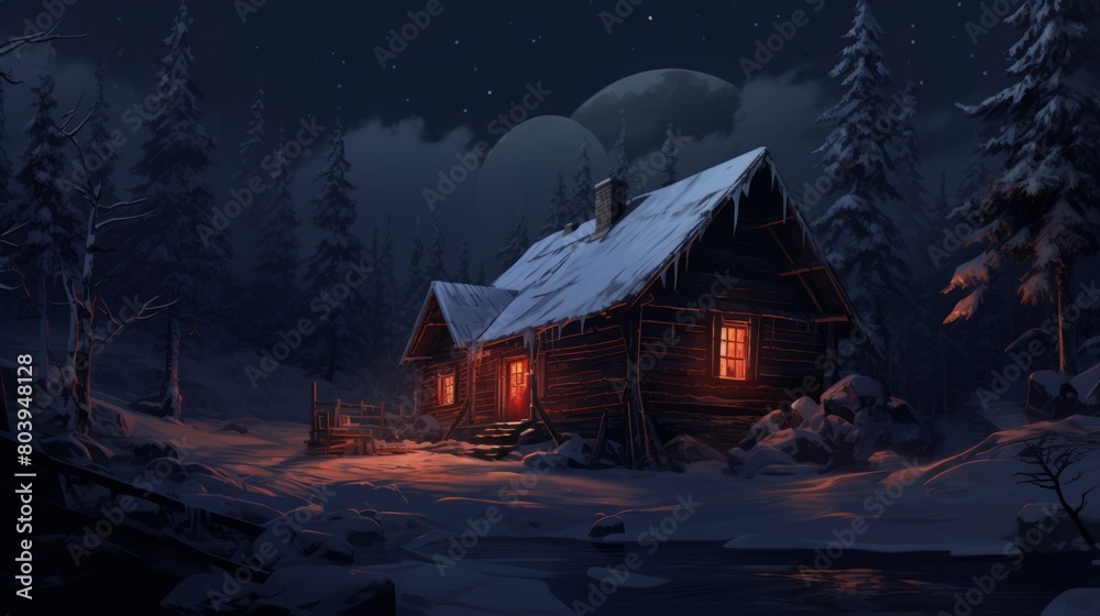 A cabin in the snow with the lights on
