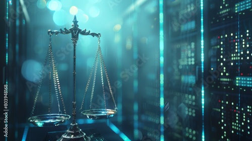 Duality of law and data: scales of justice against a digital backdrop. Symbolizing modern legal complexities.