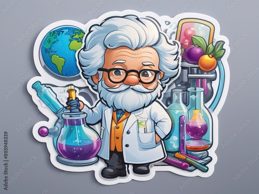 cartoon stickers Scientists with test tube equipment. In the lab ...