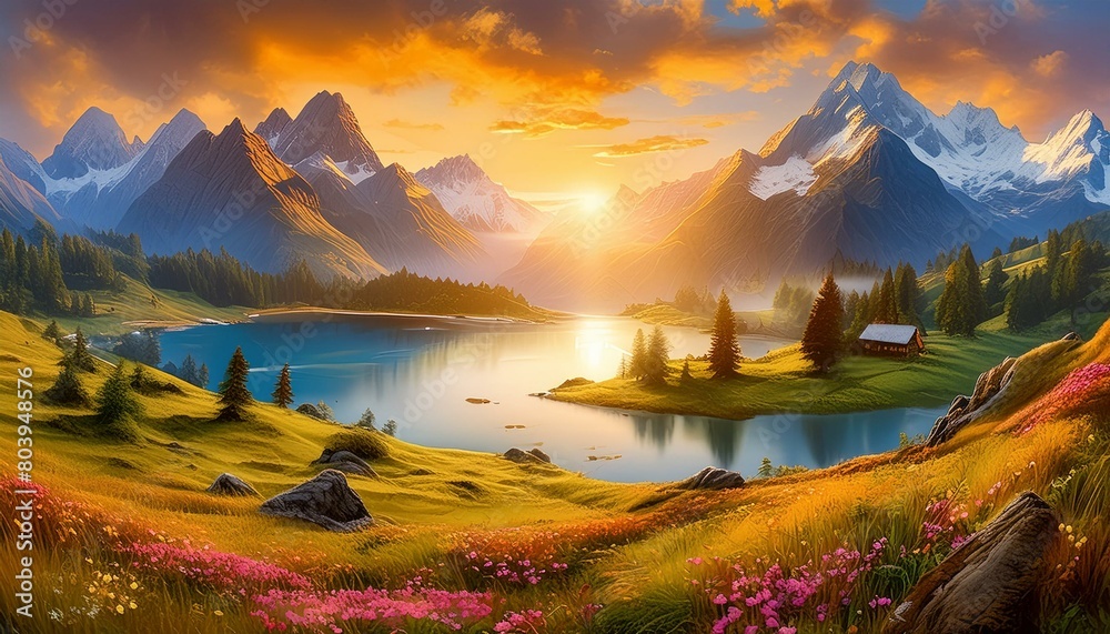 Landscape painting beautiful natural scenery realistically. Mountains and lakes with amazing sunset lights.