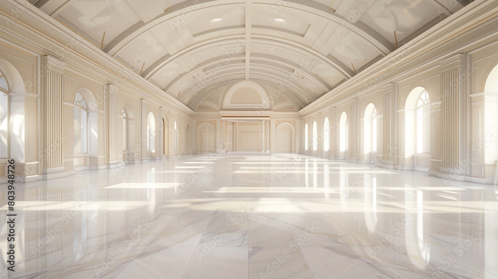 Grand hall with a pristine marble floor and a simple, elegantly painted vaulted ceiling.