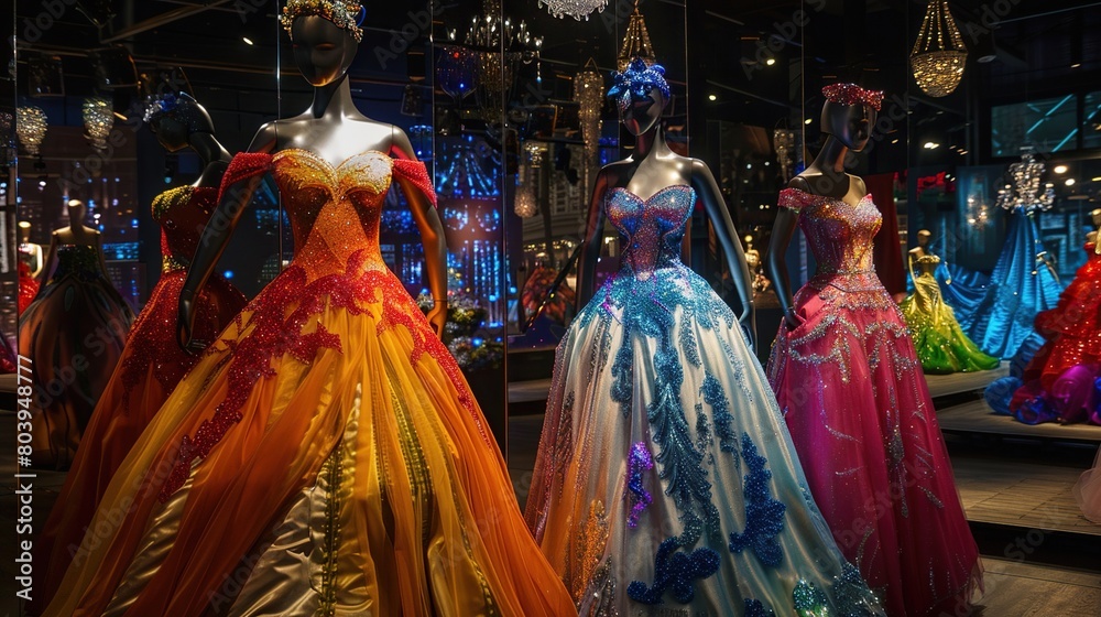 Three mannequins wearing colorful ball gowns are displayed in a store window.

