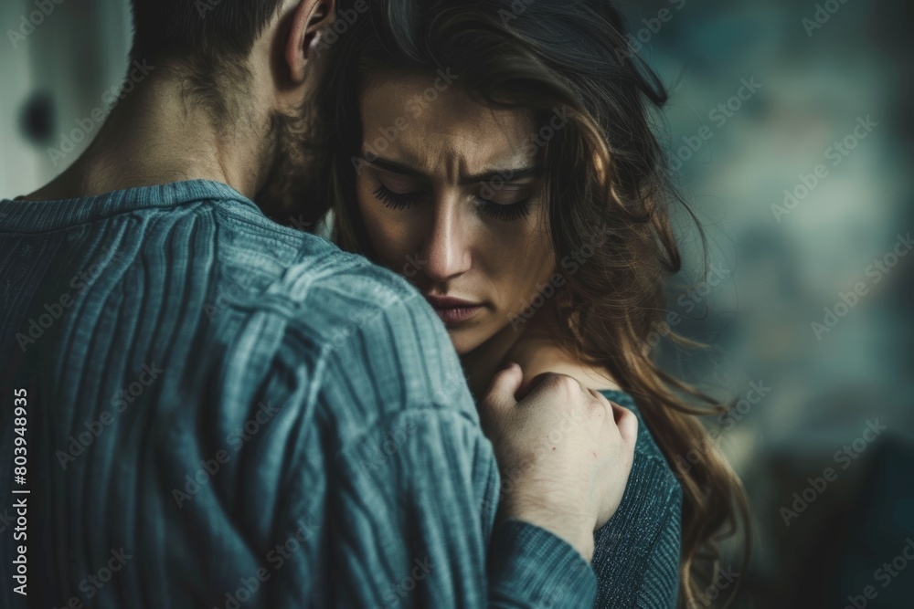 A woman in despair, isolated at home, reflecting domestic abuse. A woman in despair, isolated at home, reflecting domestic abuse.