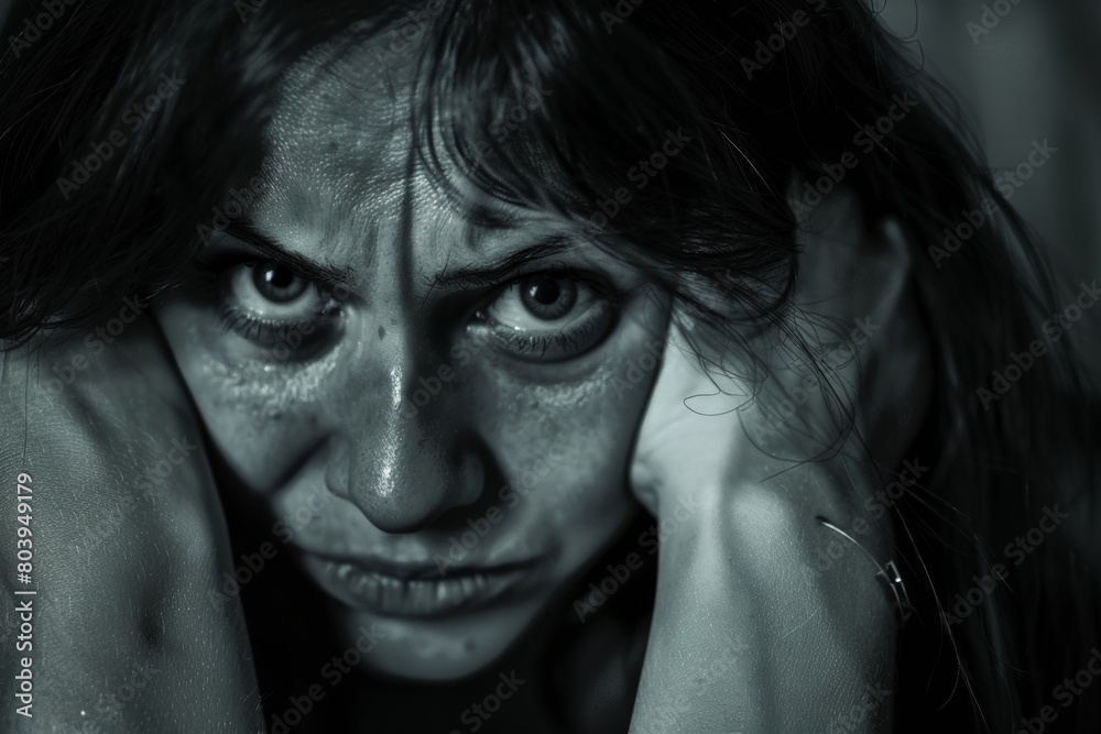 A woman in despair, isolated at home, reflecting domestic abuse. A woman in despair, isolated at home, reflecting domestic abuse.