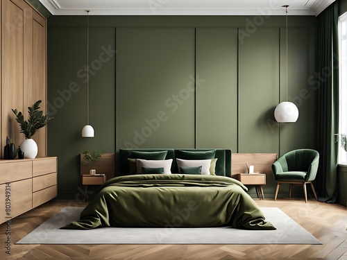  Modern rich luxury bedroom with lime olive color bed velor and khaki dark green painting wall. Minimalist interior design home or hotel. Empty mockup wall for art. wood parquet details. 3d render 