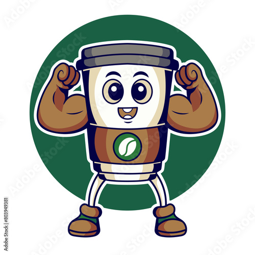 Vector mascot for Starbucks Coffee Cup with Muscular body and strong pose. Cartoon style and have a retro style for shadow. 