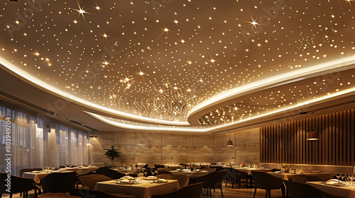 An upscale restaurant dining area with a modern, intricate layered ceiling. The design features small