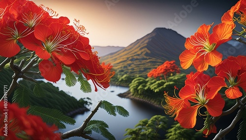 Royal poinciana red and yellow flowers sunset in the mountains tree with leaves Royal poinciana photo