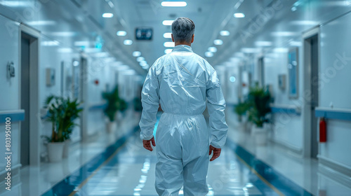 Rear view of a male surgeon walking in a hospital corridor