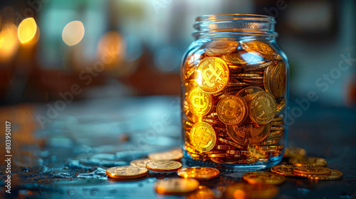 Coins in a glass jar with bokeh background. Saving money concept