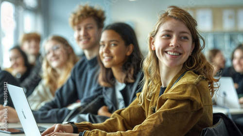 A group of students sitting in a classroom during a lesson or lecture. Education at school or university. Process of learning and education. Smiling teenagers in class photo
