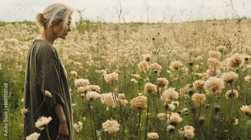 A woman in her 40s standing in a field of dying flowers.