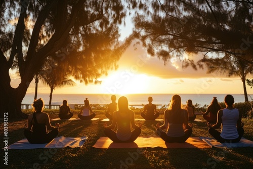 A serene yoga class at sunrise  participants in a tranquil outdoor setting  symbolizing peace and mindfulness. Resplendent.