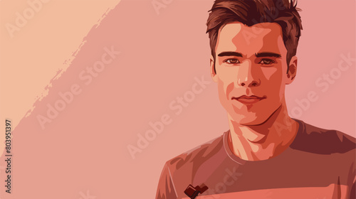 Handsome young man with tasty chocolate on color background