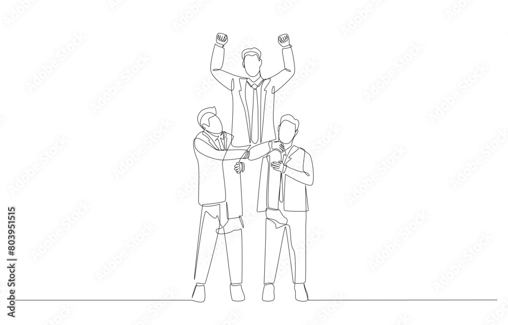 Continuous one line drawing of two businessmen carry colleague on their shoulders, business team celebration concept, single line art.