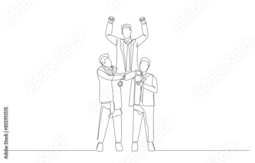 Continuous one line drawing of two businessmen carry colleague on their shoulders, business team celebration concept, single line art.
