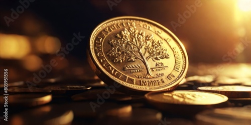 close-up view of coins on gold background photo