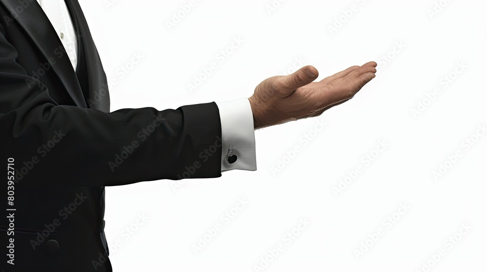 Elegance and Wealth: Hand Offering Packs of Money in Tuxedo Elegance and Wealth: Hand Offering Packs of Money in Tuxedo