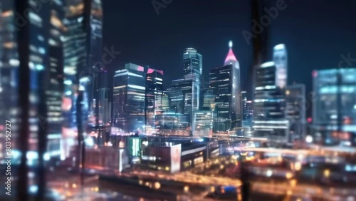 neon Blurred glass wall of modern business office bokeh auto focus effect in the night metro city photo