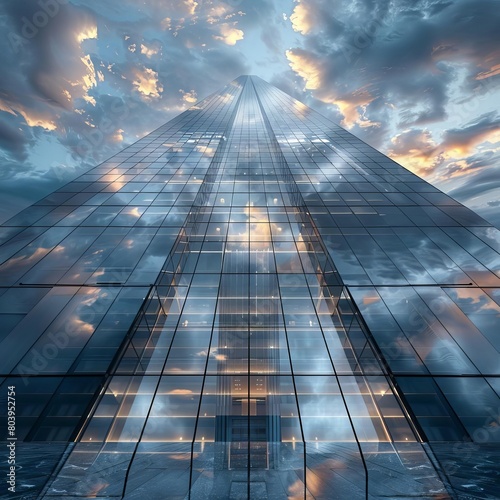 Capture the grandeur of a soaring Stock Market skyscraper, depicted in a dramatic low-angle view, emphasizing height and power, with a modern, sleek aesthetic
