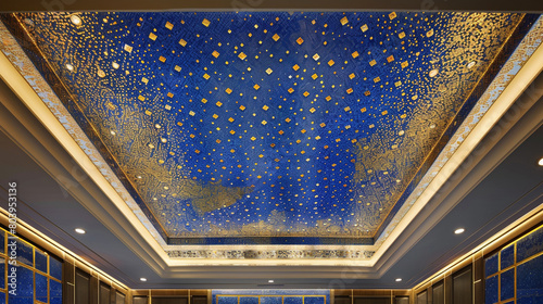 Office ceiling with a lapis lazuli and gold tile mosaic and soft lighting. photo