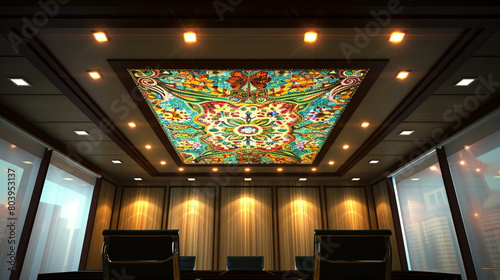 A luxurious office with a ceiling that mirrors Mughal palatial designs, showcasing ornate floral mosaics in vibrant colors, illuminated by recessed lights. photo