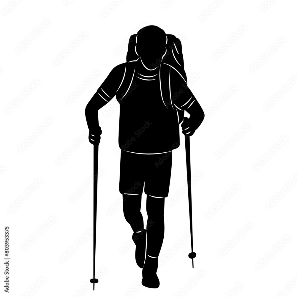 man with backpack, traveler silhouette on white background vector