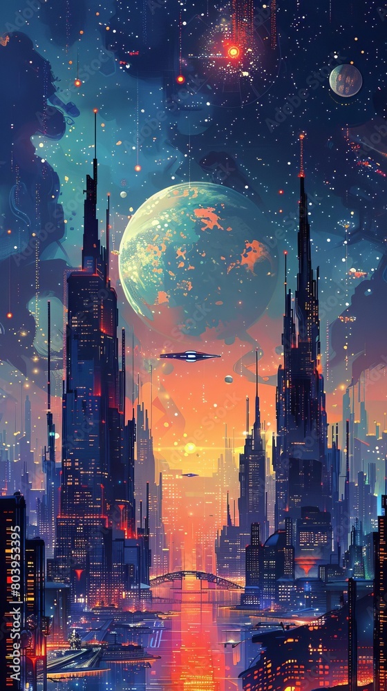 Obraz premium Capture the essence of long shot innovation with a digital illustration of a futuristic cityscape