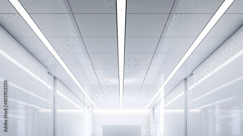 A minimalist office space with an all-white ceiling, subtly accented with narrow, linear light fixtures that give a clean and contemporary feel.