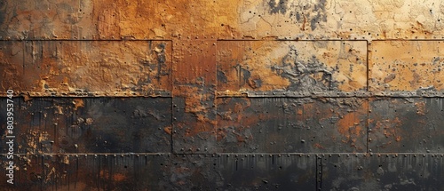 Aged and weathered rustic metal wall texture with vibrant gold and brown tones, perfect for grunge backgrounds.